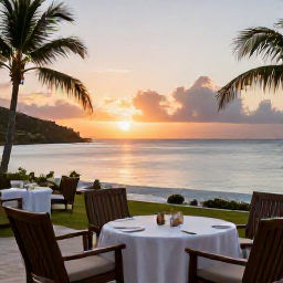 Caribbean Holidays, December Getaways, Romantic adults-only Caribbean resort terrace overlooking the sea at sunset in December, United States Virgin Islands