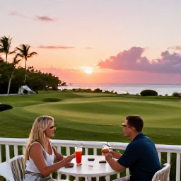 Caribbean Holidays, December Golf Holidays, A couple enjoying sunset drinks on a Bermuda waterfront terrace after a day of golf, with pastel skies and calm sea