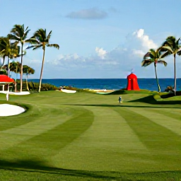 Caribbean Holidays, December Golf Holidays, A festive Caribbean resort in Trinidad and Tobago decorated for Christmas, with golfers and palm trees near the coast