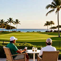 Caribbean Holidays, December Golf Holidays, A golfer relaxing at a Caribbean resort terrace after a round, with palm trees, blue water and warm evening light