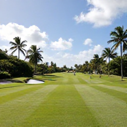 Caribbean Holidays, December Golf Holidays, A lush Caribbean golf course in Trinidad and Tobago beneath a bright December sky, with palm trees and golfers on the fairway