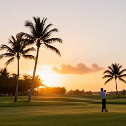 Caribbean Holidays, December Golf Holidays, A peaceful sunset over a Caribbean golf course in Grand Cayman, with palm silhouettes, warm light and a golfer finishing the day's round