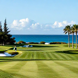 Caribbean Holidays, December Golf Holidays, A sunny Bermuda golf course beside the turquoise Atlantic Ocean in December, with palm trees and golfers walking the fairway