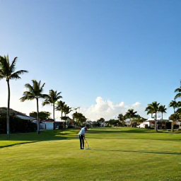 Caribbean Holidays, December Golf Holidays, A sunny December morning on a scenic Caribbean golf course in Grand Cayman, with palm trees, blue skies and golfers preparing to tee off