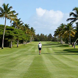 Caribbean Holidays, December Golf Holidays, A well-maintained Caribbean golf course surrounded by palms and tropical vegetation, with a golfer walking towards the green
