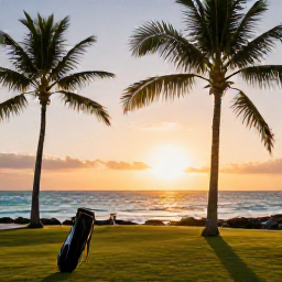 Caribbean Holidays, December Golf Holidays, Golden sunset over a Barbados beach with palm trees, calm turquoise sea and a golf bag in the foreground