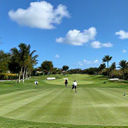 Caribbean Holidays, December Golf Holidays, Golfers enjoying a relaxed round on a tropical Cayman Islands course under bright December sunshine, with the Caribbean visible nearby