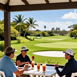 Caribbean Holidays, December Golf Holidays, Golfers relaxing with refreshments on a shaded terrace overlooking a Barbados fairway and tropical gardens