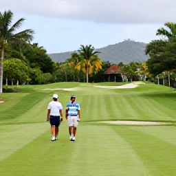 Caribbean Holidays, December Golf Holidays, Golfers walking beside a well-maintained Caribbean fairway with tropical vegetation and distant hills in Trinidad