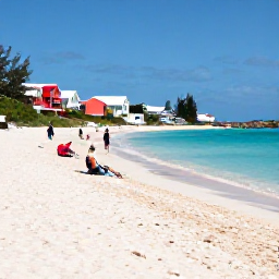 Caribbean Holidays, December Golf Holidays, Visitors relaxing at a Bermuda beach after golf, with pink sand, calm turquoise water and colourful coastal houses