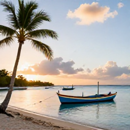Caribbean Holidays, December Guadeloupe, Colourful Guadeloupe waterfront at sunset with fishing boats, tropical palms and warm December light