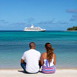 Caribbean Holidays, December Guadeloupe, Couple looking across a Caribbean harbour with a ferry and distant islands, representing a Guadeloupe multi-country holiday in December