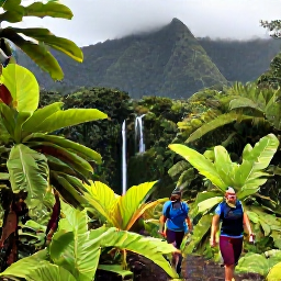 Caribbean Holidays, December Guadeloupe, Hikers walking through lush Guadeloupe rainforest beside a waterfall in Basse-Terre, with tropical plants and volcanic mountains