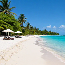 Caribbean Holidays, December Guadeloupe, White sandy Caribbean beach in Guadeloupe with calm turquoise water, sun loungers and lush green vegetation