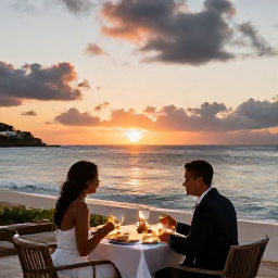 Caribbean Holidays, December Holidays, A couple enjoying a sunset dinner at a beachfront restaurant in Saint Martin, with glowing skies, calm sea and elegant outdoor tables