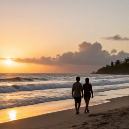 Caribbean Holidays, December Holidays, A couple walking along a quiet Saint Kitts beach at sunset in December, with gentle waves, warm light and a relaxed romantic atmosphere