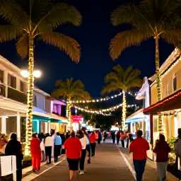 Caribbean Holidays, December Holidays, A festive Caribbean evening in Philipsburg, Sint Maarten, with decorated streets, palm trees, warm lights and people enjoying the Christmas atmosphere