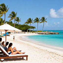 Caribbean Holidays, December Holidays, A relaxed all-inclusive resort beside a Caribbean beach, with sun loungers, a swimming pool, palm trees and guests enjoying a December holiday