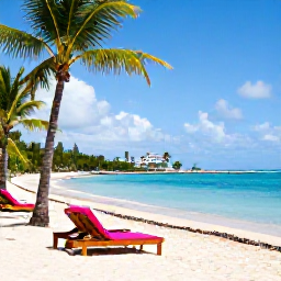 Caribbean Holidays, December Holidays, A sunny Caribbean beach on Saint Kitts with calm turquoise water, palm trees, sun loungers and a relaxed festive holiday atmosphere