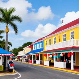 Caribbean Holidays, December Holidays, Colourful Basseterre street scene in Saint Kitts during December, with historic buildings, local stalls, palm trees and cheerful island decorations