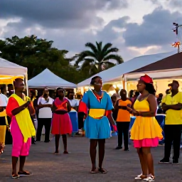 Caribbean Holidays, December Holidays, Colourful December street festival in Basseterre, Saint Kitts, with local people, music, costumes and warm evening light