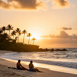 Caribbean Holidays, December Holidays, Couple relaxing on a quiet Saint Vincent beach at sunset, with gentle waves, palm silhouettes and a warm golden sky