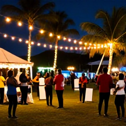 Caribbean Holidays, December Holidays, Festive Caribbean evening in Saint Vincent and the Grenadines with decorated palm trees, warm lights, local music and people enjoying an outdoor celebration
