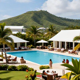 Caribbean Holidays, December Holidays, Guests enjoying a stylish all-inclusive Caribbean resort in Saint Kitts, with a swimming pool, tropical gardens, outdoor dining and distant green hills
