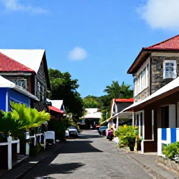 Caribbean Holidays, December Holidays, Sunlit Nevis village street in December with historic stone buildings, tropical plants and relaxed local life
