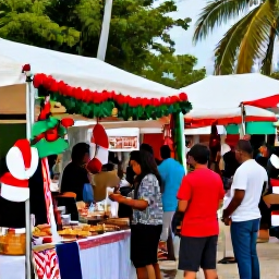 Caribbean Holidays, December Holidays, Traditional Saint Kitts and Nevis Christmas market with local crafts, food stalls, decorations and visitors browsing in Basseterre