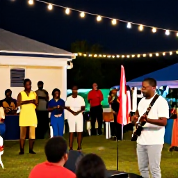 Caribbean Holidays, December Holidays, Visitors enjoying a December evening cultural event in Saint Kitts and Nevis with live Caribbean music, local food and festive lights