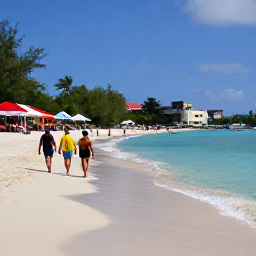 Caribbean Holidays, December Holidays, Visitors walking along a beautiful Caribbean beach on Saint Martin, with calm blue water, soft sand and colourful beach caf&eacute;s