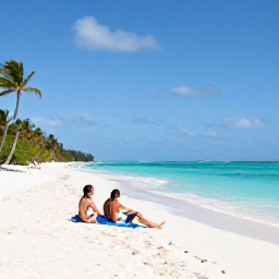 Caribbean Holidays, December Honeymoons, A couple relaxing on a spacious white-sand beach beside clear turquoise water on Providenciales, with palm trees and a calm Caribbean horizon