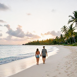 Caribbean Holidays, December Honeymoons, A couple walking hand in hand along a quiet white-sand beach in the British Virgin Islands at sunset, gentle Caribbean sea and palm trees