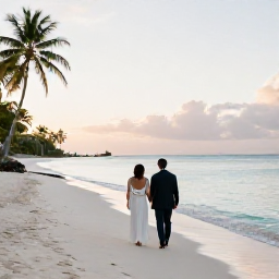 Caribbean Holidays, December Honeymoons, A newlywed couple walking barefoot along a quiet white-sand beach in Saint Vincent and the Grenadines at sunset, calm turquoise sea and palm trees
