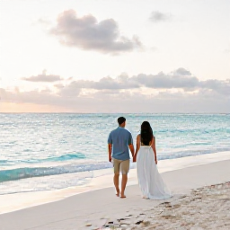 Caribbean Holidays, December Honeymoons, A newlywed couple walking barefoot along a quiet white-sand beach in Turks and Caicos at sunset, turquoise sea and soft December light
