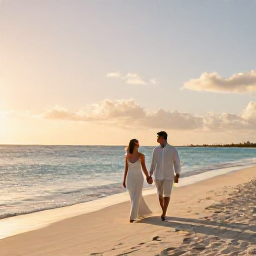Caribbean Holidays, December Honeymoons, A newlywed couple walking hand in hand along a quiet white-sand beach in Aruba at sunset, with calm turquoise water and warm golden light