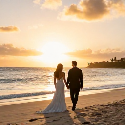 Caribbean Holidays, December Honeymoons, A newlywed couple walking hand in hand along a warm Caribbean beach at sunset in December