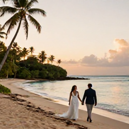 Caribbean Holidays, December Honeymoons, A newlywed couple walking hand in hand along Grand Anse Beach in Grenada at sunset, calm turquoise sea and palm trees