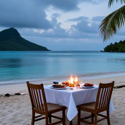 Caribbean Holidays, December Honeymoons, A romantic beachfront table for two in the Grenadines, tropical evening light, candles, fresh seafood and a view across a calm blue bay