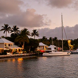 Caribbean Holidays, December Honeymoons, Charming British Virgin Islands waterfront village decorated with subtle Christmas lights, palm trees, boats and warm evening light