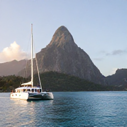 Caribbean Holidays, December Honeymoons, Couple enjoying a romantic catamaran cruise beside the Pitons in Saint Lucia, clear blue sea and gentle afternoon light