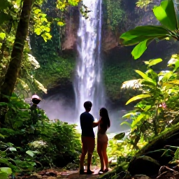 Caribbean Holidays, December Honeymoons, Couple exploring lush Tobago rainforest with a guide near a waterfall, tropical foliage and dappled sunlight
