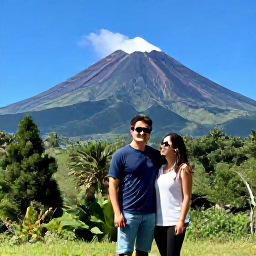 Caribbean Holidays, December Honeymoons, Couple exploring Montserrat's lush volcanic landscape with Soufriere Hills volcano in the background under clear December skies
