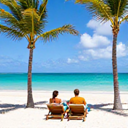 Caribbean Holidays, December Honeymoons, Couple relaxing on a shaded beach in Aruba, with palm trees, turquoise sea, sun loungers and a gentle trade wind