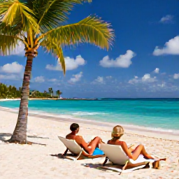 Caribbean Holidays, December Honeymoons, Couple relaxing on a white sandy beach in Barbados, turquoise Caribbean water, sun loungers and swaying palm trees