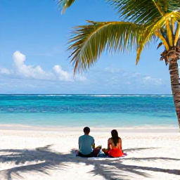 Caribbean Holidays, December Honeymoons, Couple relaxing on Grand Anse Beach in Grenada, bright blue water, white sand, shaded palm trees and a peaceful tropical setting