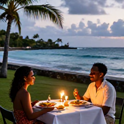 Caribbean Holidays, December Honeymoons, Couple sharing a candlelit dinner beside the sea in Martinique, local dishes and tropical evening setting