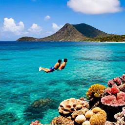 Caribbean Holidays, December Honeymoons, Couple snorkelling together in clear turquoise water above a colourful coral reef in the United States Virgin Islands