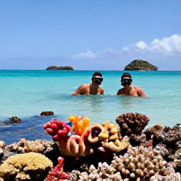 Caribbean Holidays, December Honeymoons, Couple snorkelling together in the clear shallow water of the Tobago Cays, colourful coral, tropical fish and small uninhabited islands in the background